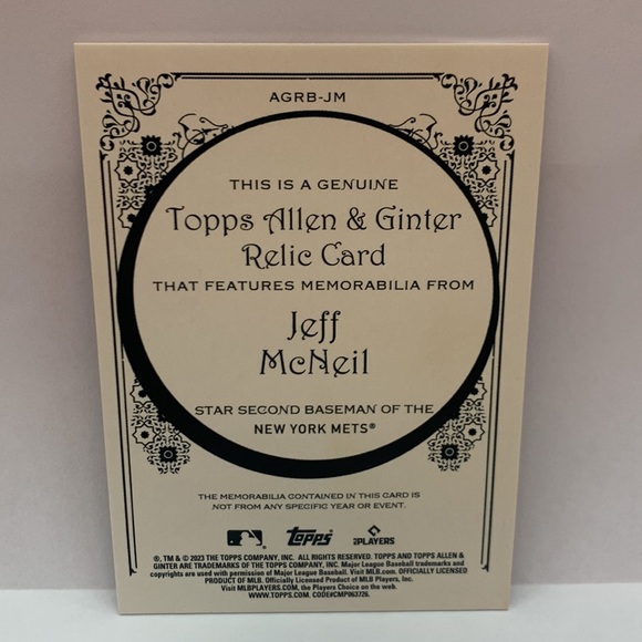2023 Topps Allen & Ginter Jeff McNeil Game Used Jersey #AGRB-JM (MISC9) - Picture 2 of 2